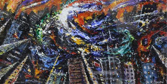 David Wilde, oil on board, The Consuming Flames of Industry.... Salford Docks, signed 38 x 74cm